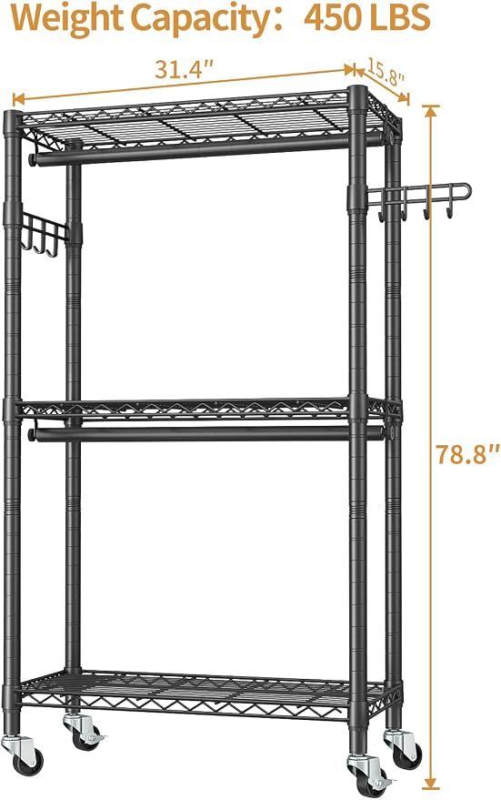 Heavy Duty Clothes Rack Rolling Garment Rack, 3 Tier Adjustable Wire Shelving - Image 6