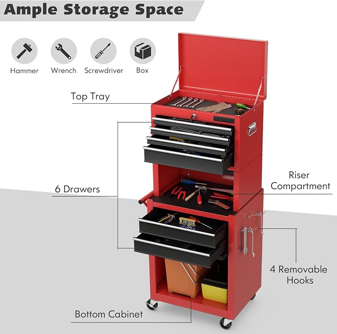 Goplus Tool Chest, 3-in-1 Rolling 6 Drawers Tool Cabinet - Image 8