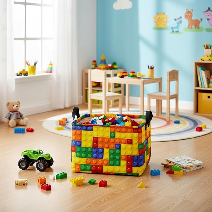 Colorful Building Blocks Print Storage Basket, Waterproof Lining Organizer Bins - Image 4