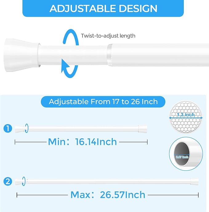AIZESI White Tension Curtain Rod 16 to 26 Inch, 7/8” Diameter Adjustable Spring - Image 2
