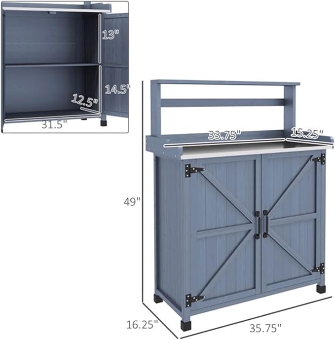 Outdoor Potting Bench with Storage Cabinet and Metal-Plated Tabletop, Top - Image 2