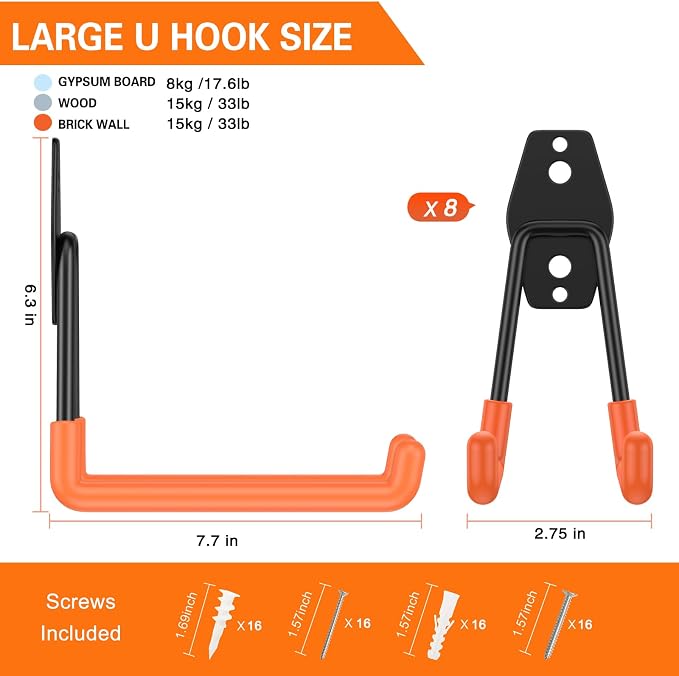Heavy Duty Garage Hooks 8 Pack, 7.7 inch U Shaped Long Hanger, Wall Mounted - Image 2