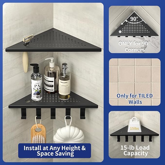 Grout in Shower Shelves with Hooks, 304 Stainless Steel Corner Bathroom Shelf - Image 3