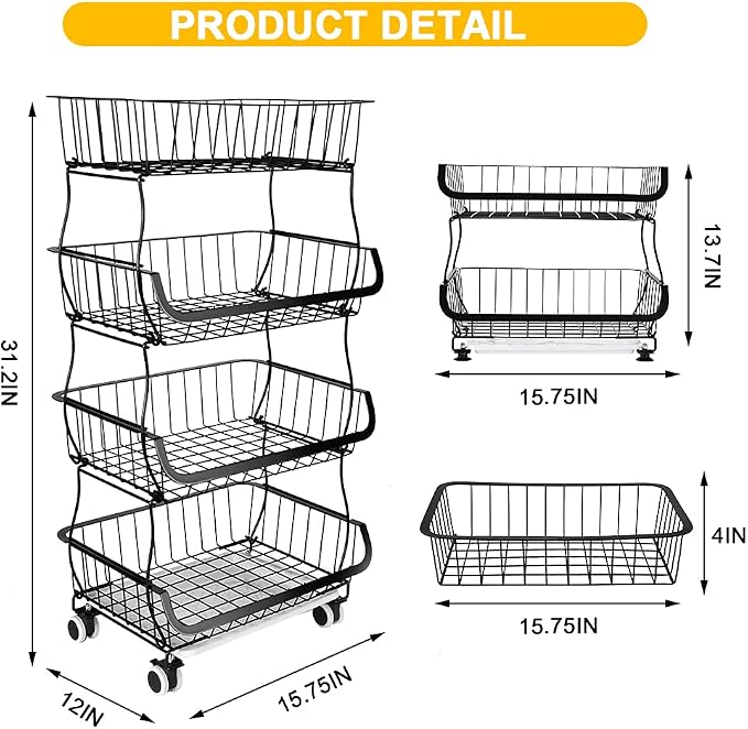 Miyawell Fruit Vegetable Storage Basket, 4 Tier Stackable Metal Wire Storage - Image 5