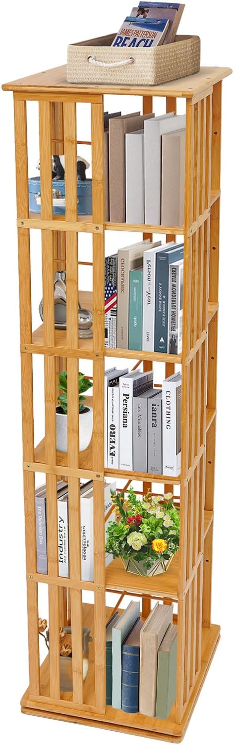 Rotating Bookshelf 5-Tier, 14.57x14.57x59.06in Floor Standing Book Storage by ACNAO