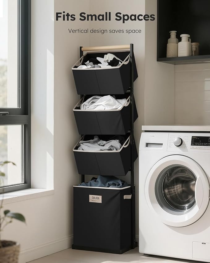 SOLEDI 4 Section Laundry Hamper Sorter, Stackable Laundry Basket Organizer - Image 2