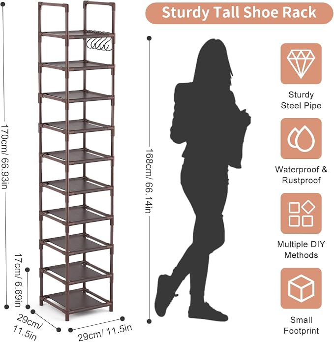 LANTEFUL Tall Shoe Rack 10-Tier Narrow Shoe Shelf Storage - Image 3
