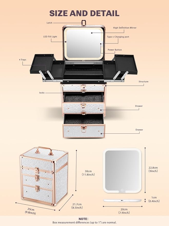 Qislee Makeup Box with Double Drawers and Four Trays, A Detachable Lighted - Image 3