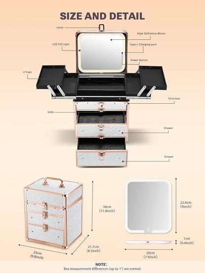 Qislee Makeup Box with Double Drawers and Four Trays, A Detachable Lighted - Image 3