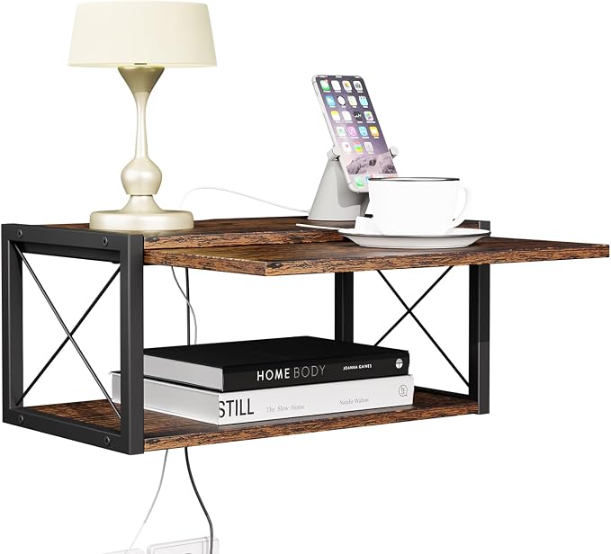 2-Tier Floating Nightstand, Wall Mounted Bedside Table, Wood Bedside Shelf Wall by FNBAR