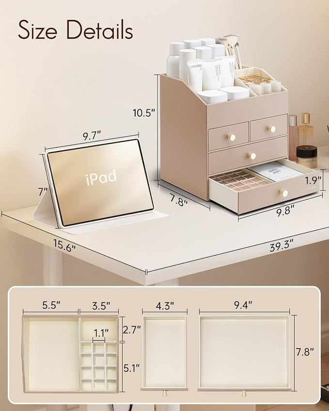 Vlando Makeup Organizer Countertop, Large Vanity Organizer PU Leather Make up - Image 3