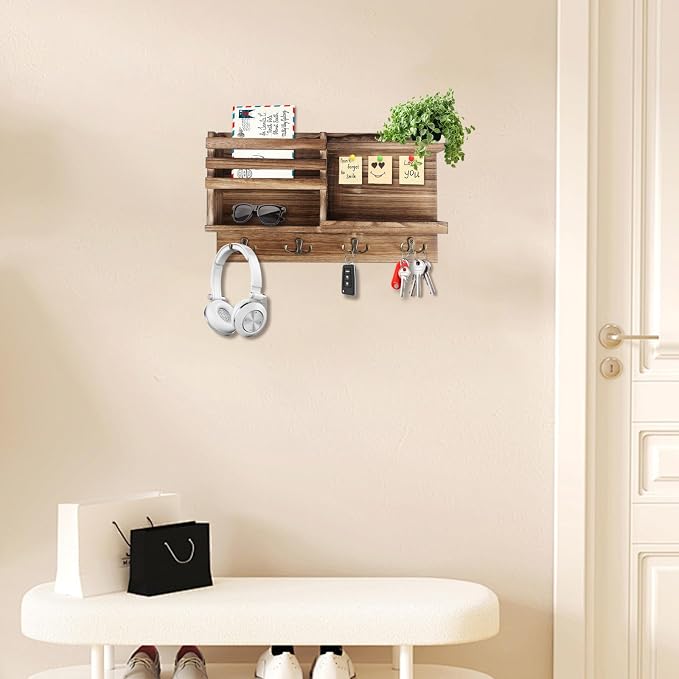 Key Holder Wall Mount, Solid Wood Key and Mail Organizer - Image 4