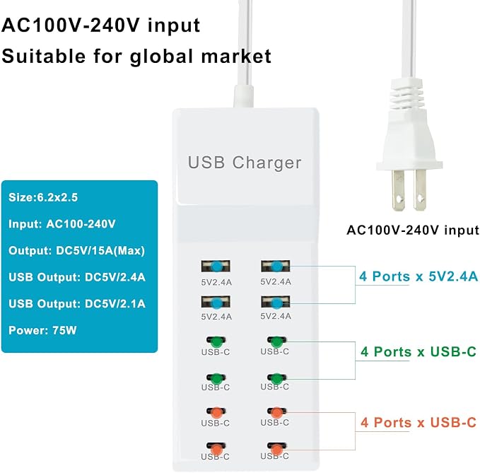 USB C Power Strip USB Charging Station 4 USB-A Ports and 8 USB-C Ports Multiple - Image 3
