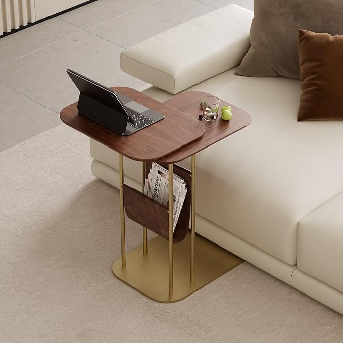 LOVEDIMA C-Shaped Walnut & Gold Rotating Side Table by LOVEDIMA