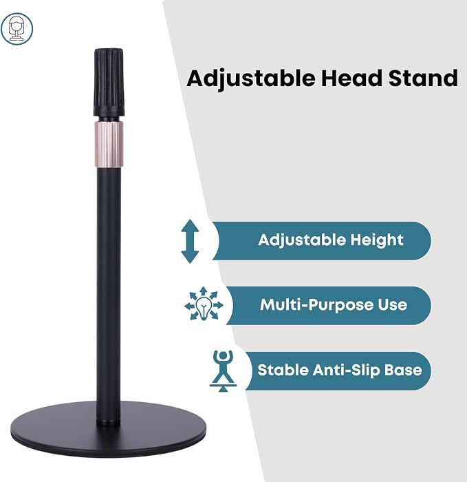 Adjustable Wig Head Stand – Matte Black Metal, Works - Image 2