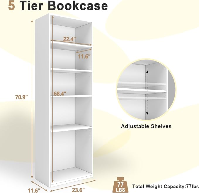CTESNE【2026 Adjustable Shelves 5-Tier Bookcase, 71 inches, Wooden Open Display - Image 3