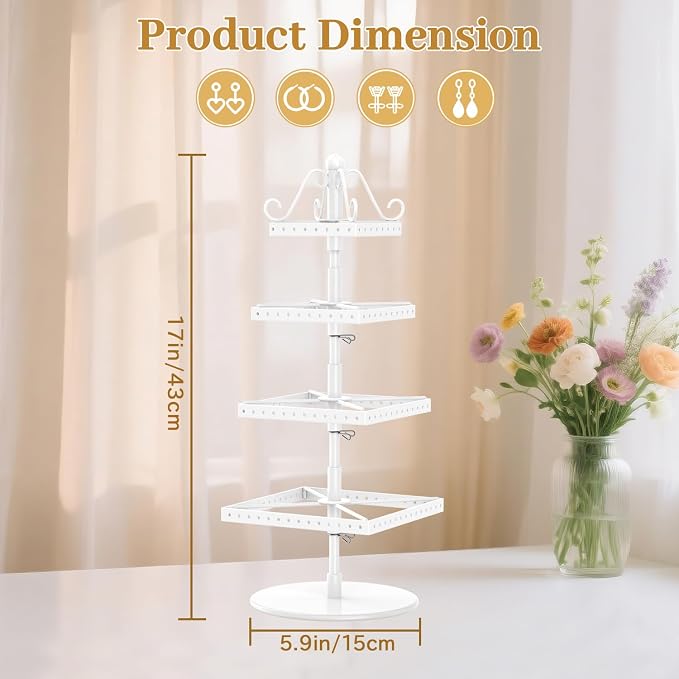 MODOWEY Rotating Earring Holder Organizer Stand, 4 Tier Adjustable Metal - Image 3