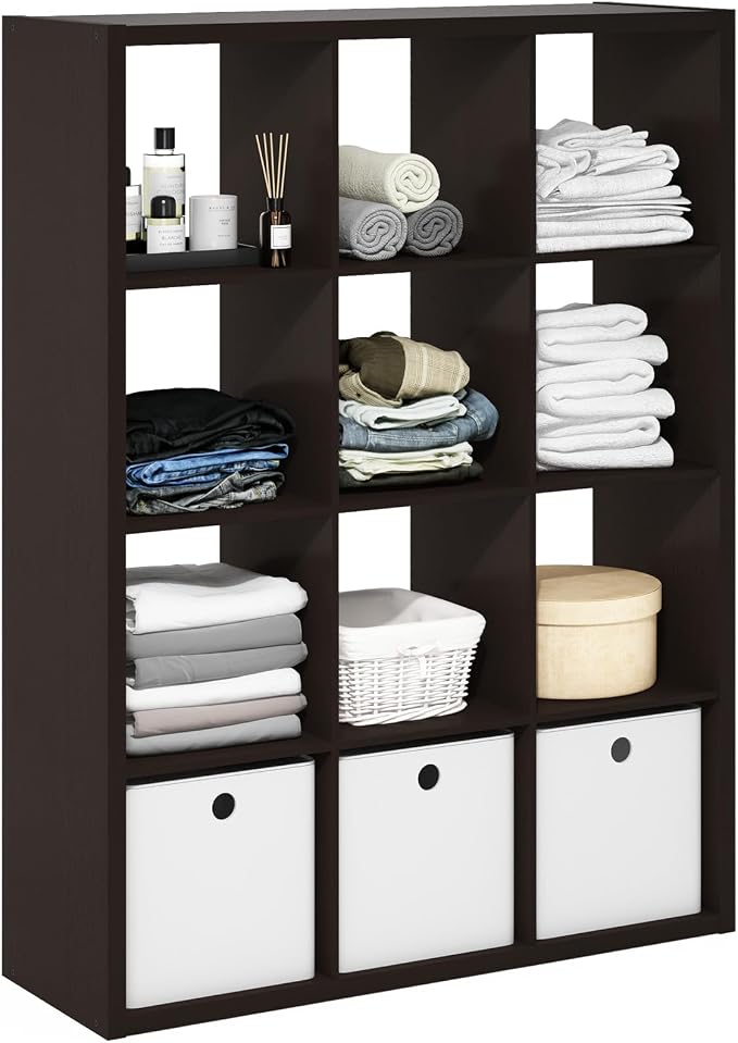 Furinno Cubicle 12-Cube Book Shelf, Extra Thick Frame Bookshelf, Dark Oak | by Furinno-FitsYourSpaceFitsYourBudget