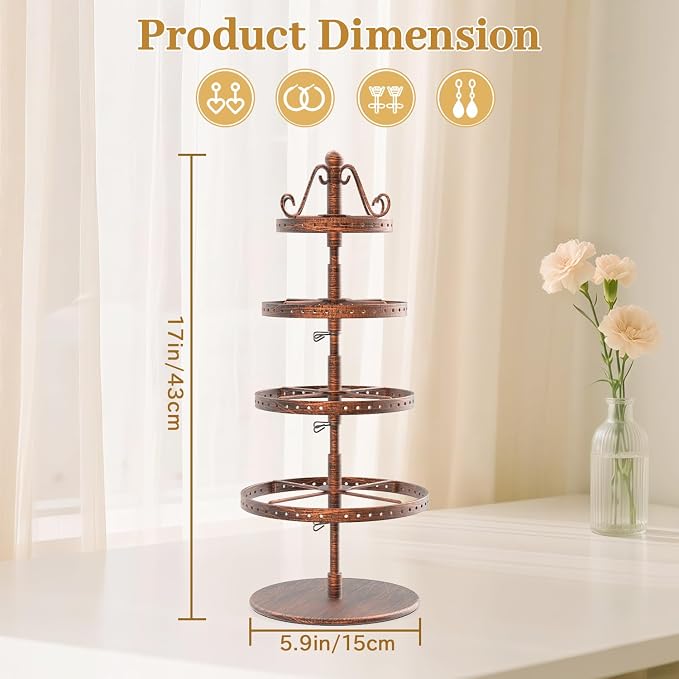 MODOWEY Rotating Earring Holder Organizer Stand, 4 Tier Adjustable Metal - Image 3