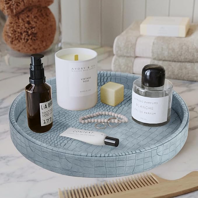 HofferRuffer Faux Leather Round Serving Tray, Vegan Croco Leather Decorative - Image 3