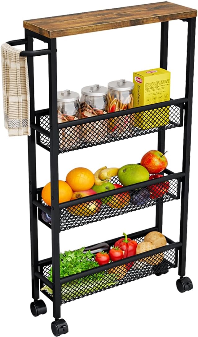 Slim Rolling Cart 4 Tier Narrow Storage Cart on Wheels by AZERPIAN