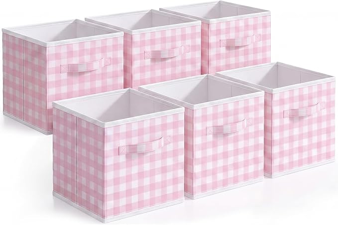 Yalikop 6 Pcs Pink Gingham Cube Storage Bins, 11 Inch Fabric Checkered - Image 8