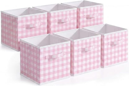 Yalikop 6 Pcs Pink Gingham Cube Storage Bins, 11 Inch Fabric Checkered - Image 8