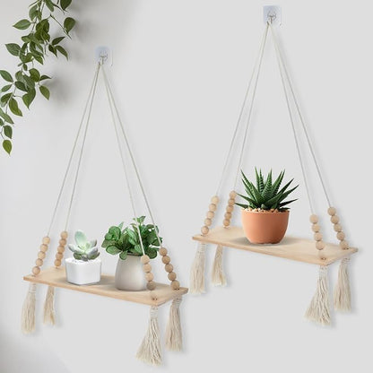 2 Pcs Wooden Wall Hanging Shelves, Macrame Hanging Plant Shelf by HOFURME