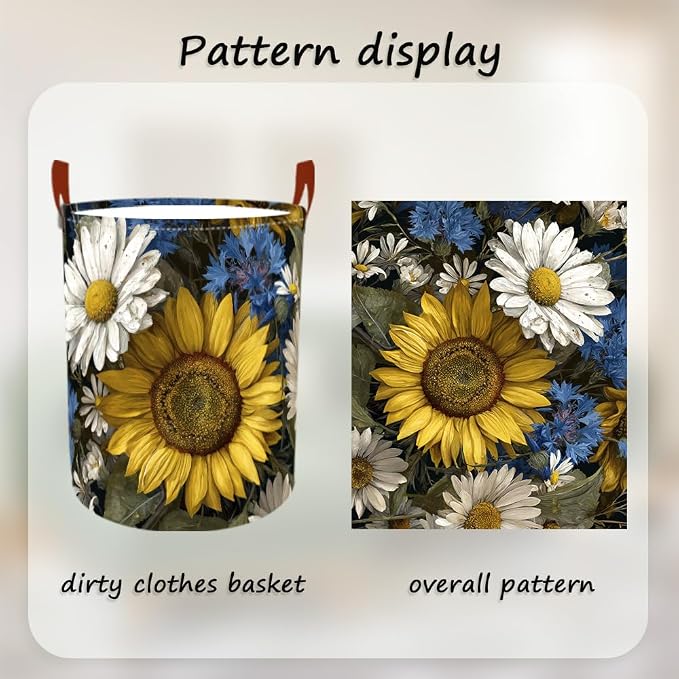 Laundry Baskets 15.7x19.7 Inch Large Vintage Sunflower Daisy Blue Wildflower - Image 5