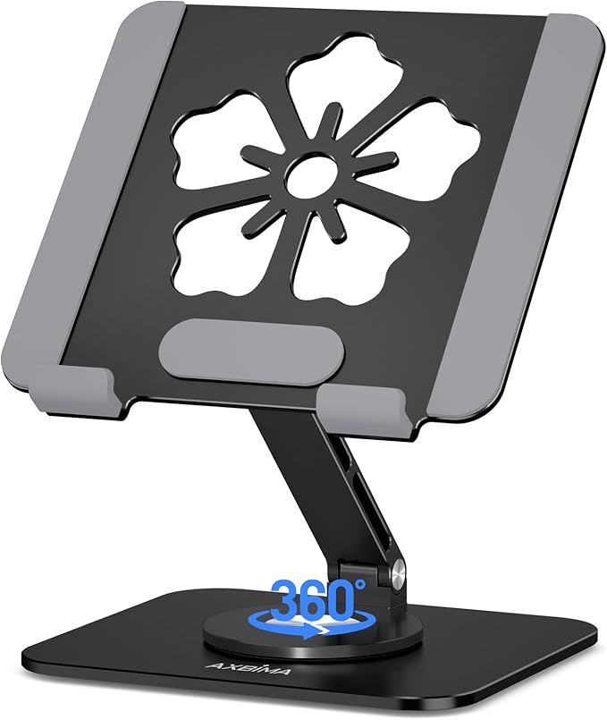 Tablet Stand for iPad, 360° Rotating Aluminum Foldable Holder – Adjustable Desk by Axbima