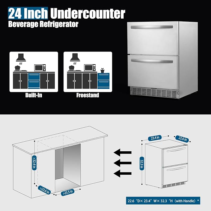 HCK 24 Inch Under Counter Double Drawer Fridge, Stainless Steel Outdoor - Image 7