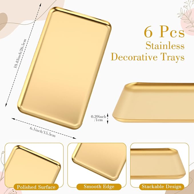 Vesici 6 Pcs Gold Metal Serving Tray Bulk Stainless Steel Rectangle Platters - Image 2