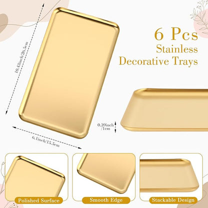 Vesici 6 Pcs Gold Metal Serving Tray Bulk Stainless Steel Rectangle Platters - Image 2