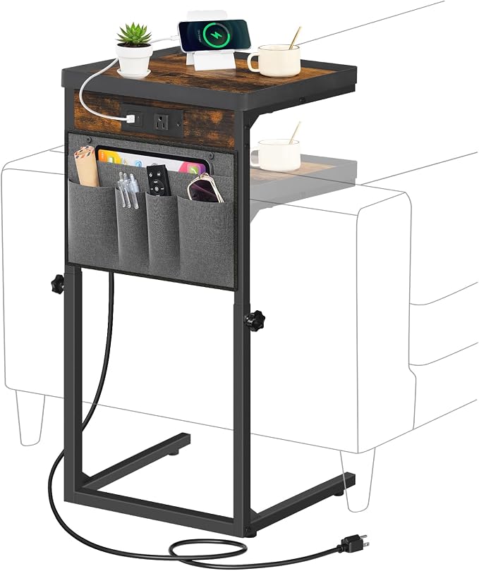 HOOBRO C-Shaped End Table with Charging Station, 29.5” Adjustable Height Side by HOOBRO
