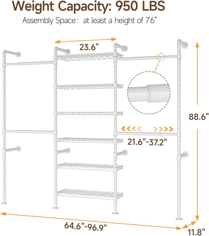 ONBRILL H3 Expandable Wall Mounted Closet System, 5.4FT-8.1FT Closet Organizer - Image 2