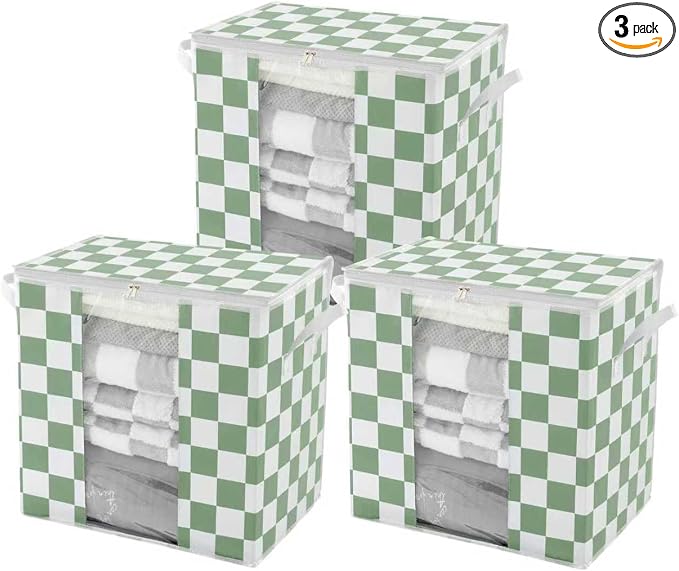 Green Checkered Clothes Storage Bins, 100L Large Blanket Storage Bags 3 Pack by Ohocut