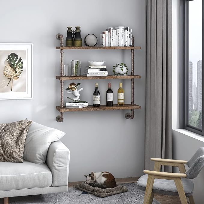 Helsin 3 Tier Industrial Pipe Shelf Rustic Wood Floating Wall Display Bookshelf - Image 4