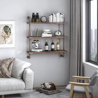 Helsin 3 Tier Industrial Pipe Shelf Rustic Wood Floating Wall Display Bookshelf - Image 4