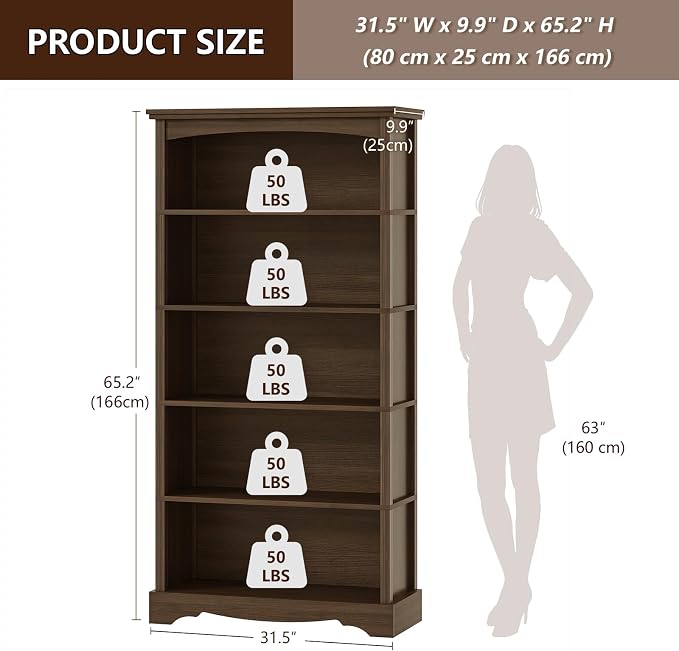 TVU 5-Tier Wooden Bookshelf, 31.5" W x 65" H ×9.9" D Bookshelf - Image 2