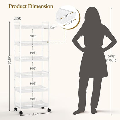 6 Tier Slim Rolling Storage Cart, Narrow Mobile Shelving Unit Organizer Utility - Image 2