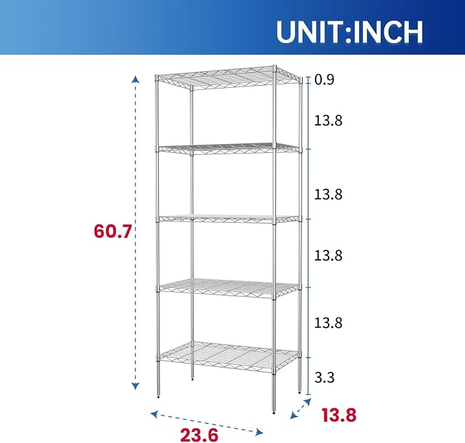 PayLessHere | 5-Tier Wire Shelf | 24"x14"x60" | Chrome | Adjustable Racks | - Image 3