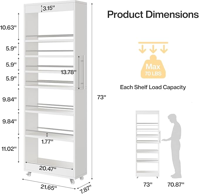 Tribesigns 73" Tall Slim Storage Cart on Wheels, 7-Tier Narrow Pantry Cabinet - Image 2