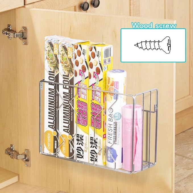 YQh Wall Mount Kitchen Wrap Organizer Rack, Cabinet Storage Basket, Aluminum - Image 5
