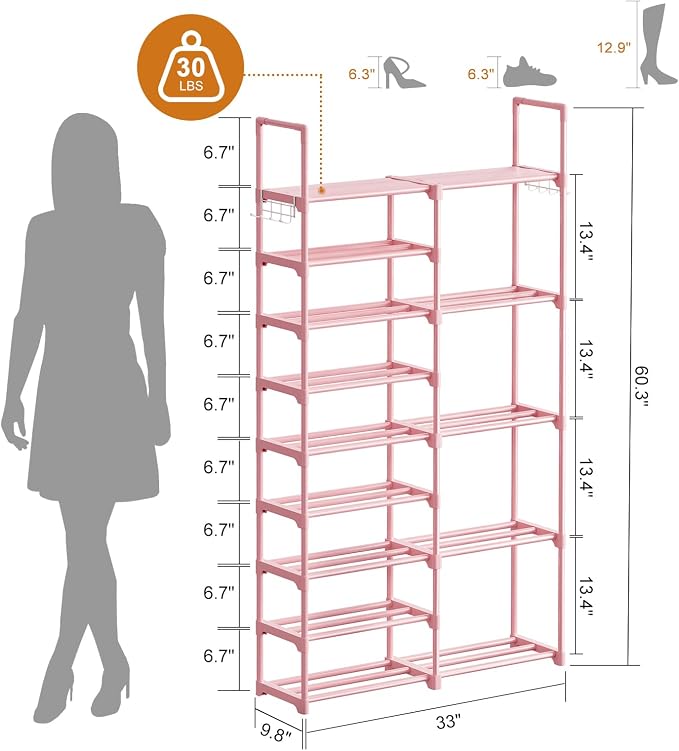 WOWLIVE 9 Tier 2-Column Shoe Rack, 30-35 Pairs Stackable Pink | Compact 33.75in - Image 3