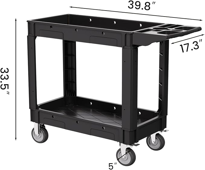 2 Tier Plastic Rolling Utility Cart on Wheels, Heavy Duty Tool Cart - Image 2