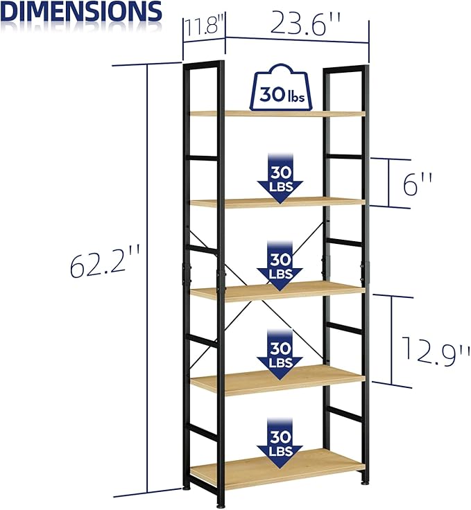 NUMENN 5 Tier Bookshelf, Tall Freestanding Open Storage Bookcase, Natural | - Image 3