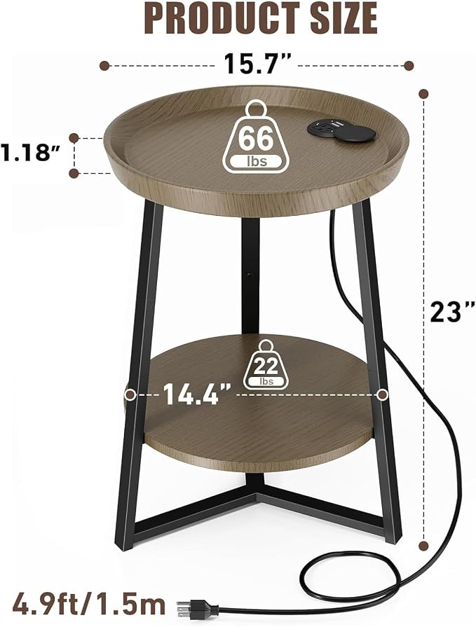 Gadroad Round End Table with Charging Station, USB Ports, Wood Tabletop & Black - Image 3