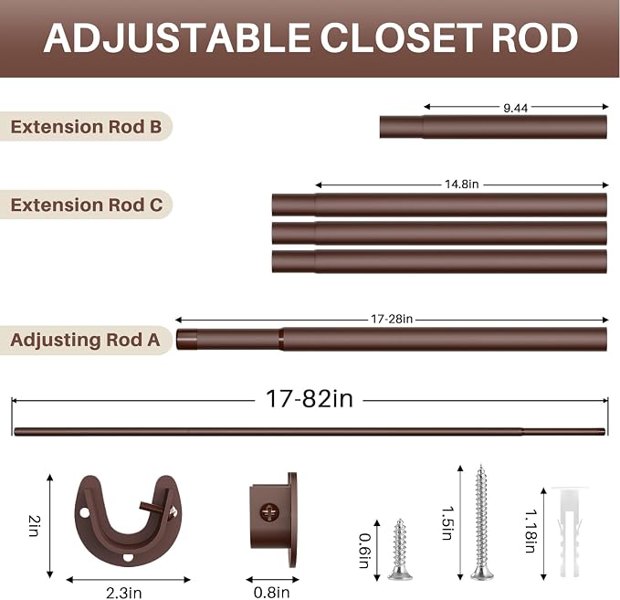 Closet Rod - Closet Rods for Hanging Clothes, 17 to 82 inch Adjustable Closet - Image 2