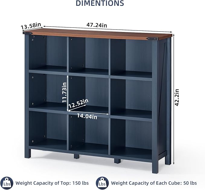 9 Cube Bookcase, Farmhouse 47 Inch Wide Navy Blue Bookshelf, Wooden 3 Tier - Image 3