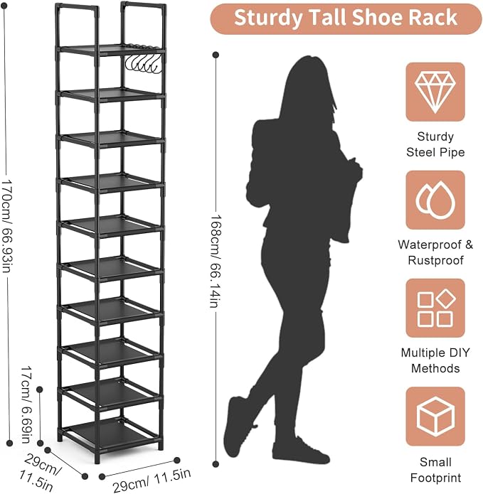 LANTEFUL Tall Narrow Shoe Rack for Entryway, 10-Tier Sturdy Metal Shoe Shelf - Image 3